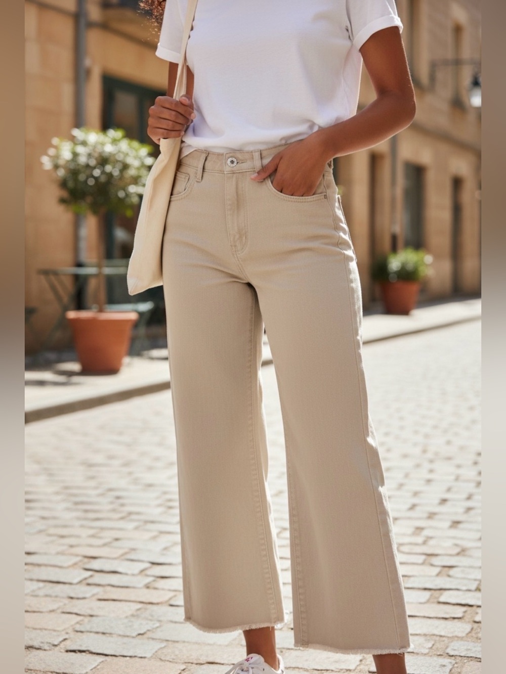 Princess Polly | Beige | Wide Leg | High-Rise | Fray | Ankle Cropped Jeans | 4